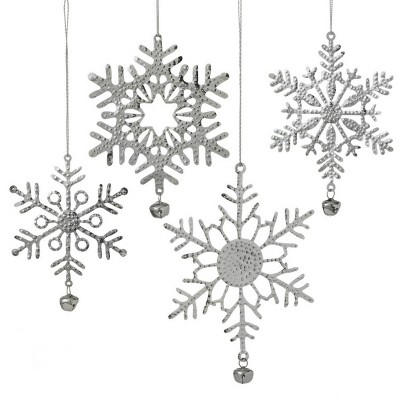 Ganz Set of 4 Silver Hammered Metal Style Snowflake with Jingle Bell Christmas Ornaments 6.5"