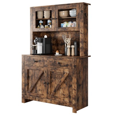 Homhougo Kitchen Pantry Cabinet with Microwave Stand, Freestanding Hutch Cabinet with Buffet Cupboard, Tall Kitchen Cabinets with Adjustable Shelves