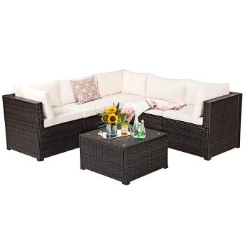 Tangkula 6PCS Rattan Patio Sectional Sofa Conversation Set Outdoor w/ Beige Cushions