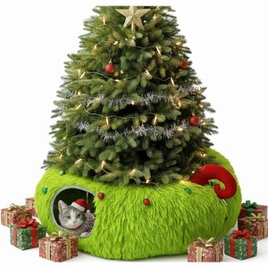 Fluffy Plush Cat Tunnel Bed Christmas Tree Skirt Lime Green Cat Donut Tunnel Under Tree Home Decor - 1 of 4