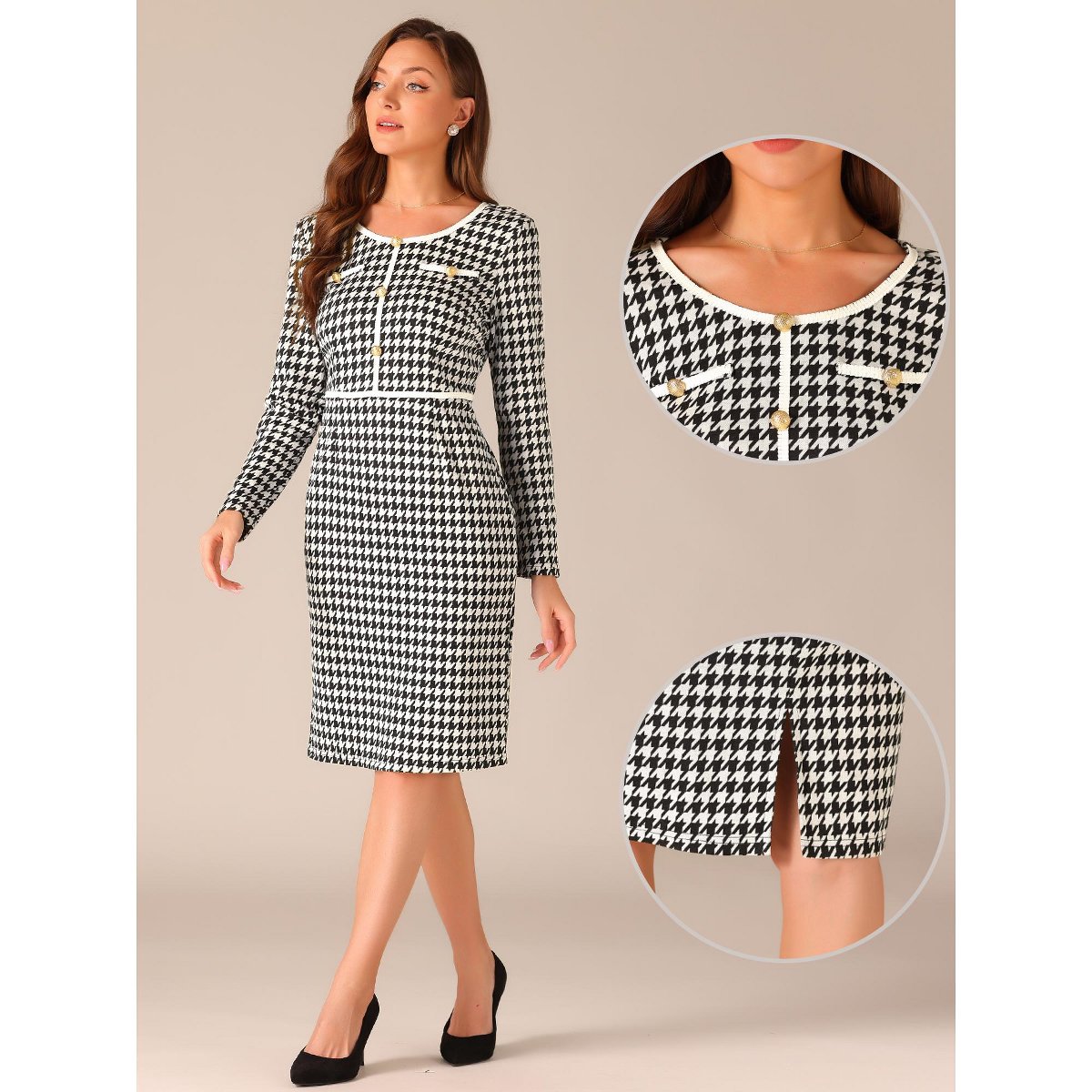 Женские платья INSPIRE CHIC Women's Houndstooth Plaid Round Neck Long Sleeve Bodycon Sheath Dress X-Small Black — фото 2