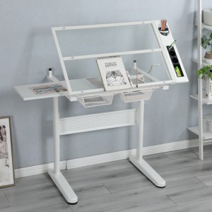 Standing Desk Modern with Adjustable Glass Top and Metal Drawers for Home Studio 38in Wide-3irtyhousy - 1 of 4