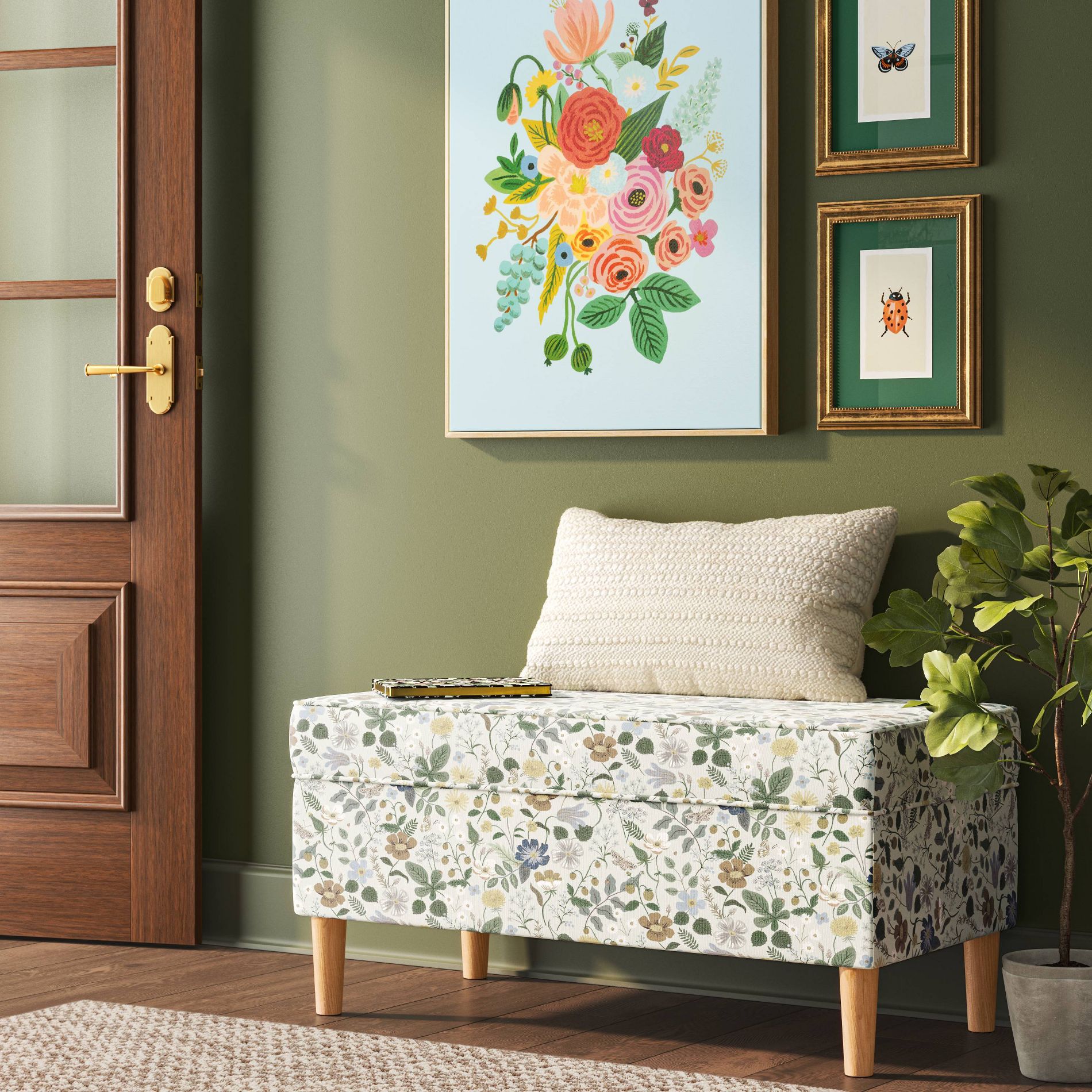 Rifle Paper Co. x Target Storage Bench Strawberry Fields: Upholstered Ottoman, Pine Frame, No Assembly Required