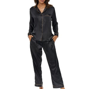 ADR Women's Satin Pajamas Set, Button Down Long Sleeve Top and Pants with Pockets, Silk like PJs with Matching Sleep Mask - 1 of 4