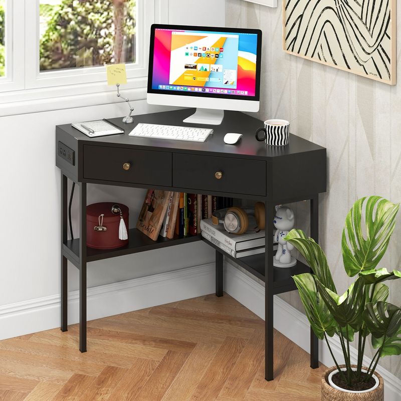 Costway Corner Computer Desk Writing Workstation Study Desk w/ 2 Drawers White\Black\Gold, 2 of 11