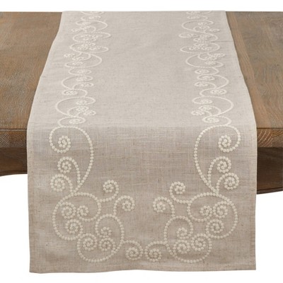 Beige Embroidered Floral Linen-Blend Table Runner, 16" x 72"