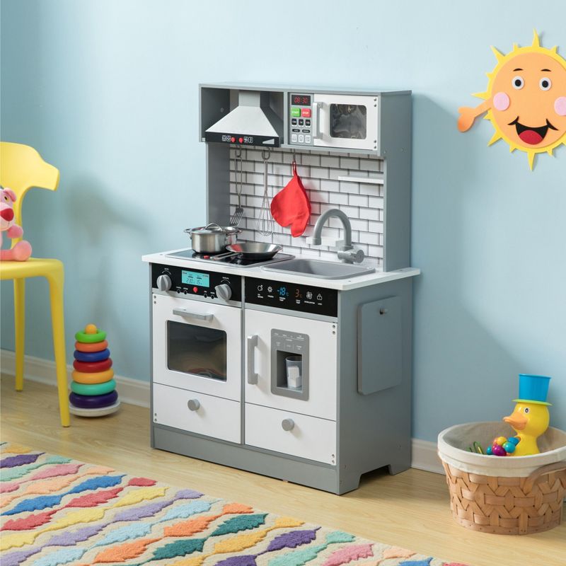 Gardenised Wooden Play Kitchen Toy, Light on Microwave, Cabinet, Sound Electronic Stove, Microwave and Sink Ages 3+, 4 of 14