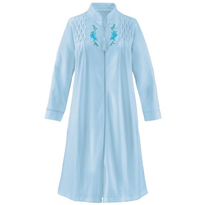 Collections Etc Smocked Embroidered Floral Zip-Front Long Sleeve Robe