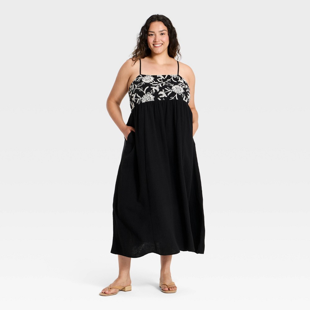 Women's Plus Embroidered Trim Midi Summer Dress - Ava & Viv™ Black 2X