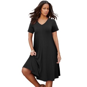 Roaman's Ultrasmooth Plus Size V-Neck Swing Dress – Soft Knit, Flattering Fit - 1 of 4