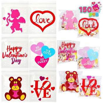 JOYIN 150 Pcs Valentine Cellophane Gift Bags Square Cellophane Candy Bags, Goodies Bags in 6 Designs for Kids Valentine's Day Party Favor