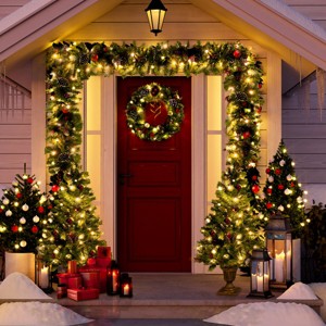 Pre-Lit Artificial Christmas Tree 4-Piece Set with LED 4ft Entrance Trees, 9ft Garland & 20" Wreath for Indoor Christmas Decor-Baofuwish - 1 of 4