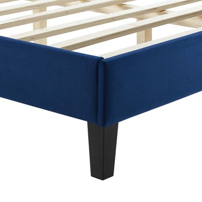 Navy Velvet Upholstered Queen Platform Bed with Tufted Headboard