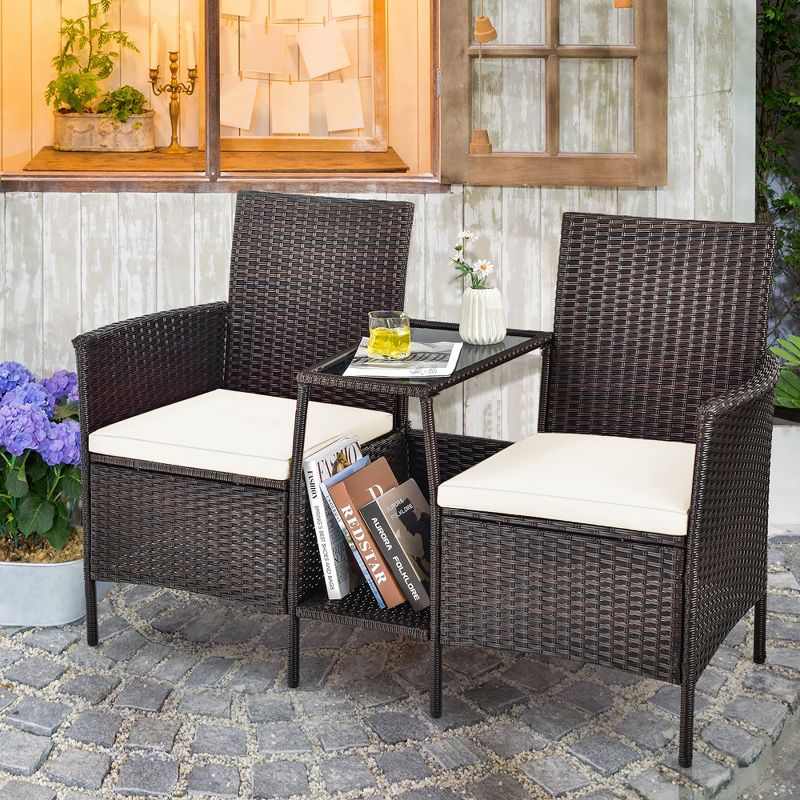 Costway Patio Rattan Wicker Conversation Set Sofa Cushioned Loveseat Glass Table, 1 of 9