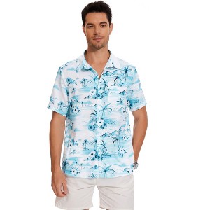 Hawaiian Floral Print Linen Button Down Shirt for Casual Beach Wear - 1 of 4