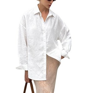 Women's Long Sleeve Casual Shirt Jacket Versatile Loose Fit Woven Blouse Top Lightweight Stand Collar - 1 of 4