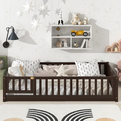 YONWAY Full Size Floor Bed for Kids with Fence and Door, Low Montessori, Bed Sturdy Slat Suppor, for Kids Boys Girls, no noise
