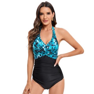 Womens Swimsuits V Neck Color Block Print Tummy Control Open Back Bikini Swimsuit - 1 of 1