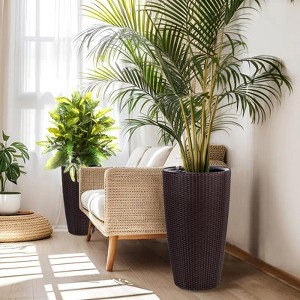 ORRD Set of 2 Brown Faux Rattan Planters, 22 Inch Self-Watering Outdoor Indoor Plant Pots for Garden & Patio - 1 of 4
