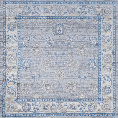 Light Gray and Blue Floral Synthetic Runner Rug