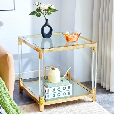 Dolonm Gold Square End Table - Modern Acrylic Leg, Mirror Bottom, 21.65" Clear Tempered Glass Top, Luxury Stainless Steel Frame