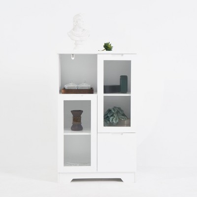 Lirago,25.6"D * 11.8"W * 39.4"H,White MDF Display Cabinet with Glass Doors & Drawer, Multi-Functional Organizer for Bedroom/Living Room