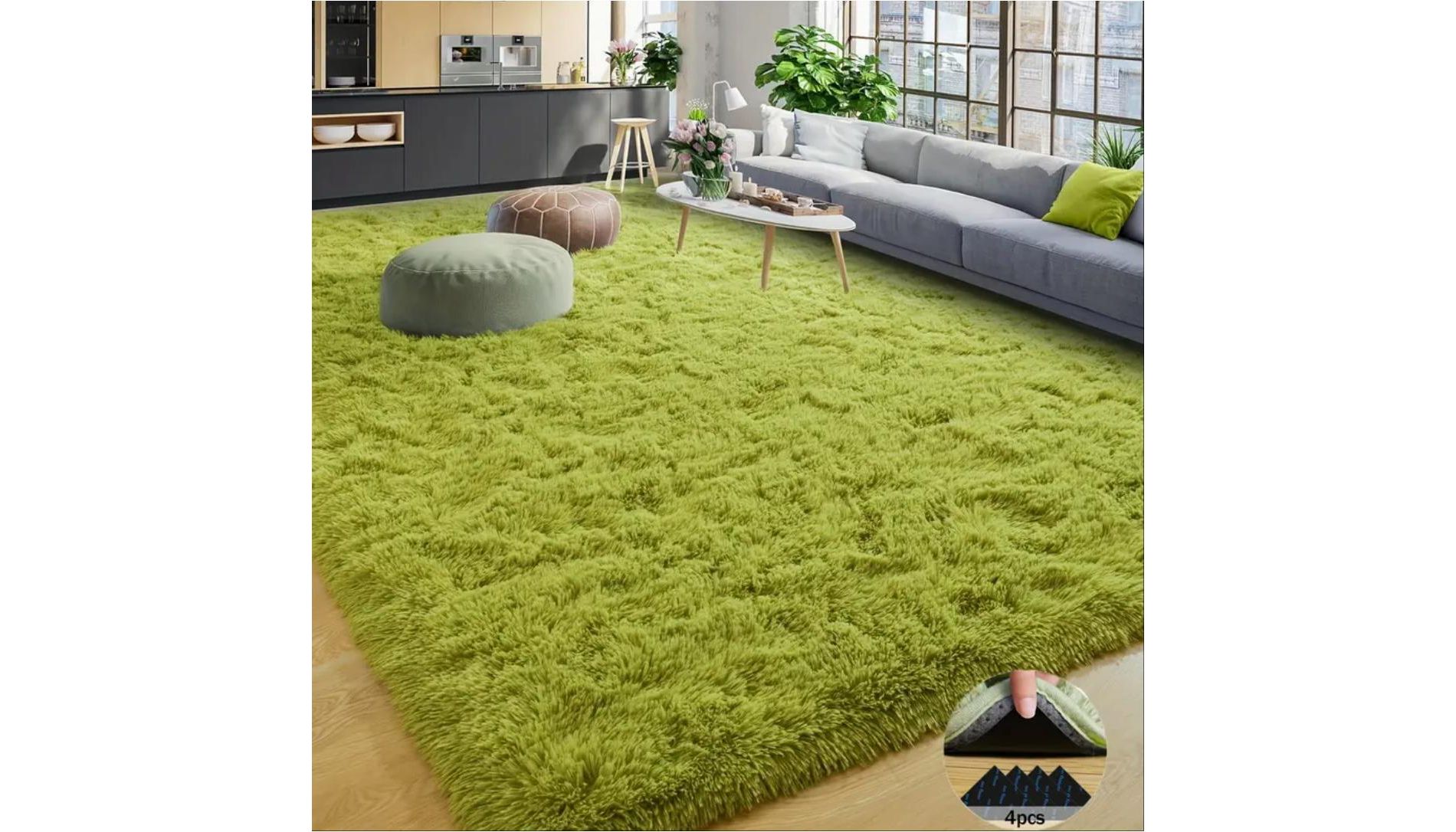 Grass Green Fluffy Shag Area Rug with Non-Slip Base & 4 Reusable Stickers, Soft Plush Mat