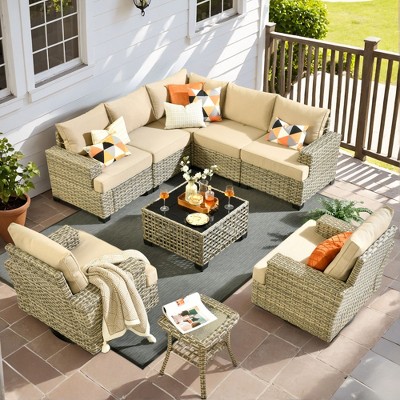 XIZZI Versatile Outdoor Rattan Sectional Sofa Set Collection, 8/9/10-Piece Set w/ Comfy Swivel Chairs, Perfect for Patio Relaxation and Entertaining
