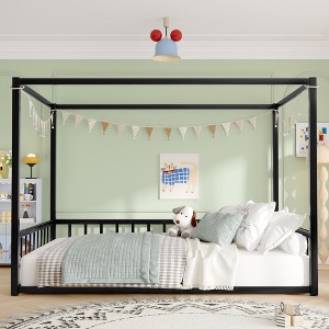 Full Size Sunshade Floor Bed with Fence-style Guardrails - 1 of 4