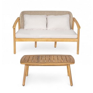 Christopher Knight Home Adrian 2 Piece Patio Woven Rope Acacia Wood Seating Set, Brown - 1 of 4