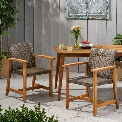 Coolbibila Modern Wicker Wooden Outdoor Poolside Lounge Chair Set of 2,Patio PE Rattan Woven Back Kitchen Dining Chair,Acacia Wood Garden Chair