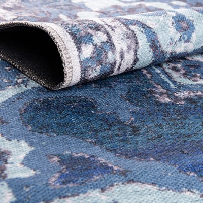 Navy Blue Synthetic Square Medallion Washable Area Rug