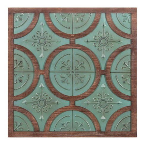 32 Metal And Wood Quatrefoil Medallion Framed Wall Art Brown Aqua Patton Wall Decor Target