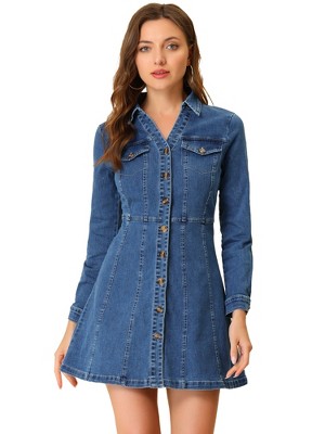Allegra K Women's Button Down Collar V Neck Long Sleeve A-line Denim Dress