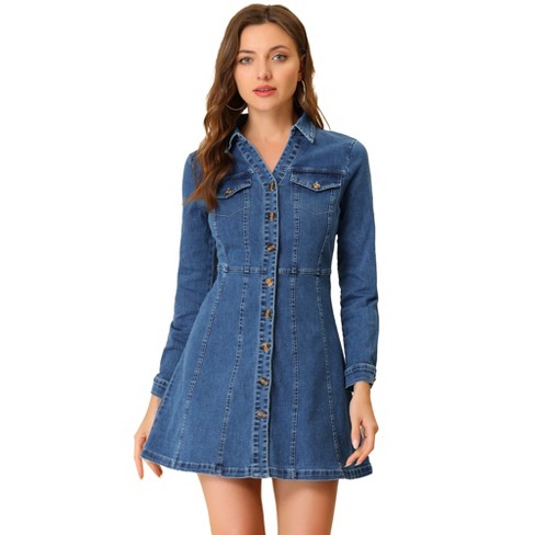 Allegra K Women s Button Down Collar V Neck Long Sleeve A line Denim Dress Blue X large Target