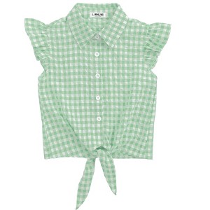 Clearlove Girls Sleeveless Plaid Button Down Shirt Summer Cropped Top with Tie Waist and Ruffled Hem Cute Casual Blouse Light Green 120 - 1 of 4