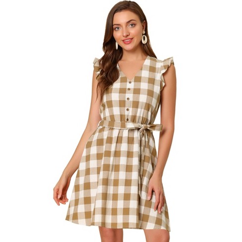 Allegra K Women's Casual Plaids Ruffled Sleeve Sundress A-Line Vintage  Gingham Check Dress Brown Medium