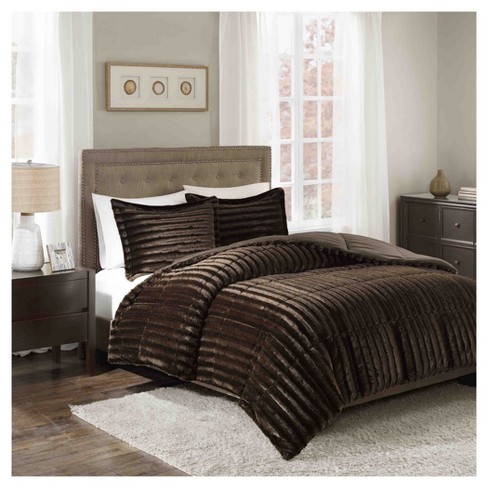 Chocolate York Brushed Faux Fur Comforter Mini Set Full Queen