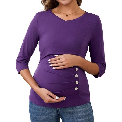 INSPIRE CHIC Women's Nursing Blouse V Neck 3/4 Sleeves Ribbed Knitted Ruched Maternity Tops