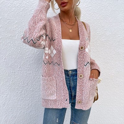 Women's Snowflake Knit Cardigan Casual V-Neck Open Front Sweater Button Down Long Sleeve Coat