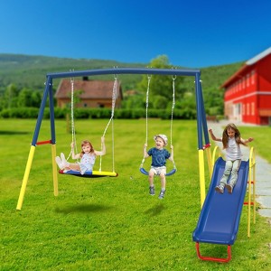 3 in 1 Swing Set Kids Outdoor Swing Set Children Playset with Slide & 2 Swings for Backyard/Garden/Playground, Blue - ModernLuxe - 1 of 4