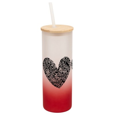 Elanze Designs Trio Floral Flower Love Heart Wrap-Around Design 25 Ounce Frosted Gradient Glass On-The-Go Coffee Travel Skinny Tumbler Mug Cup, Bamboo