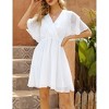 Womens Summer Swiss Dot Mini Dress Bell Short Sleeve V Neck Chiffon Wrap Elastic High Waist Casual Swing A Line Dress - 4 of 4