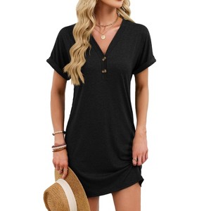 Robe D'Été Femme Manches Courtes Encolure V - Mini Robe T-Shirt Beach - Noir Taille XS