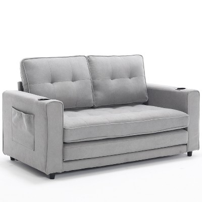 ROOMTEC 3-in-1 Upholstered Futon Sofa Bed, 3 Fold Tufted Loveseat, Pull Out Sleeper Couch Bed, with Side Pockets & Cup Holder for Living Room