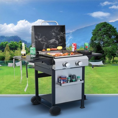 2 Burner Propane Gas BBQ Grill, 24,600 BTU Output Stainless Steel BBQ Grill with Foldable Side Table for Garden Patio Backyard Camping Barbecue