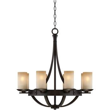 Franklin Iron Works Sperry Bronze Chandelier 28" Wide Rustic Farmhouse Cylinder Scavo Glass Shade 8-Light Fixture for Dining Room House Kitchen Island