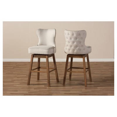 Modern Light Beige Button-Tufted Swivel Barstool in Walnut Wood