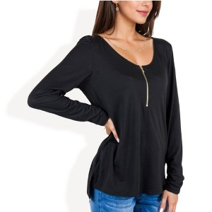 Anna-Kaci Women's Long Sleeve Top with Front Zip Detail and Curved Hem - 1 of 4