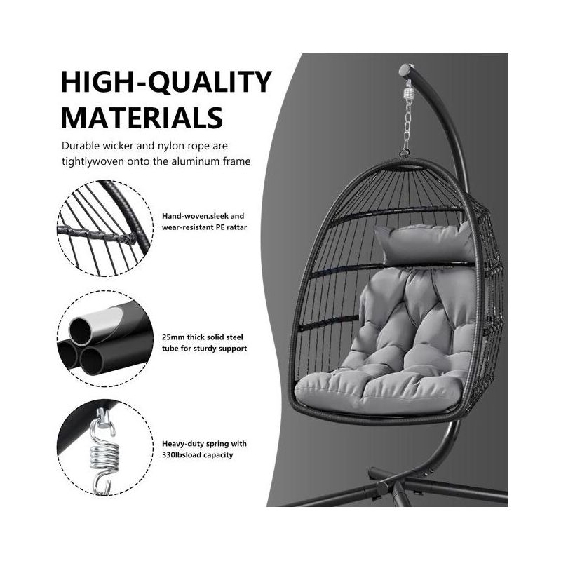 SUGIFT Patio Hanging Egg Chair with Stand and Folding Basket Indoor Outdoor Use, Black, 4 of 8